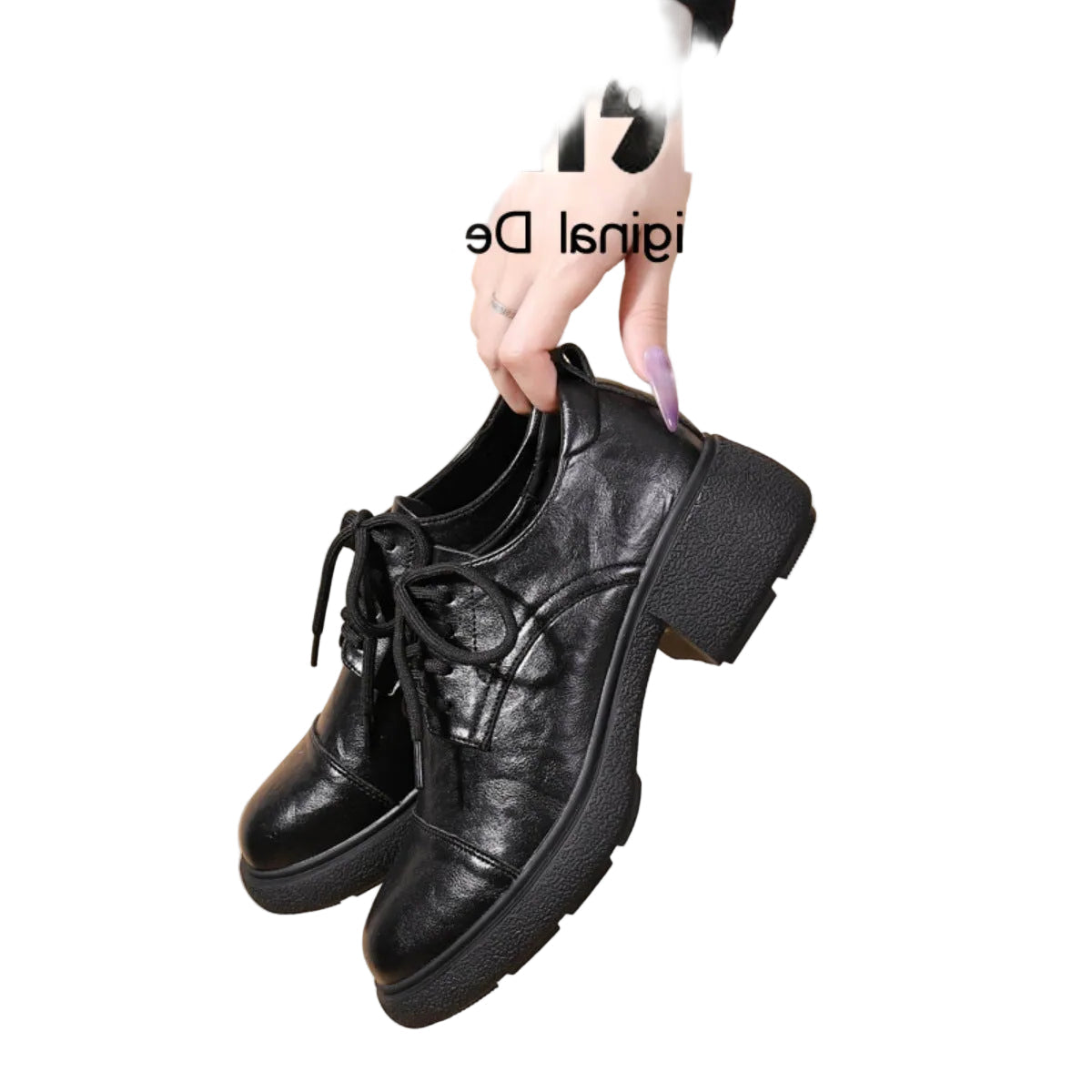 Women's Retro Lace-Up Loafers - Thick Heel, Black 5