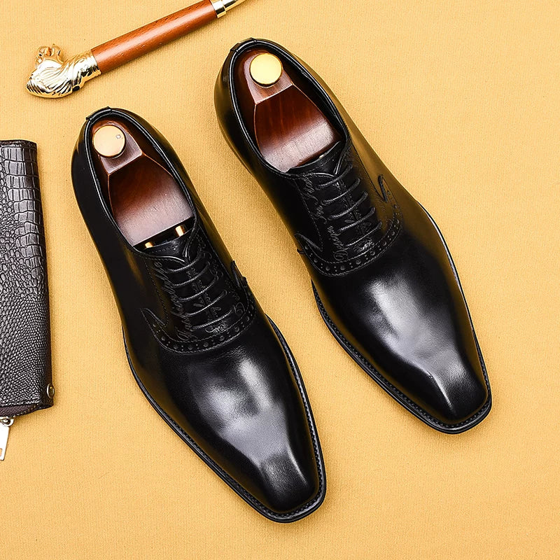 Men's Brown Genuine Leather Oxford Shoes, Pointed Toe, British Style