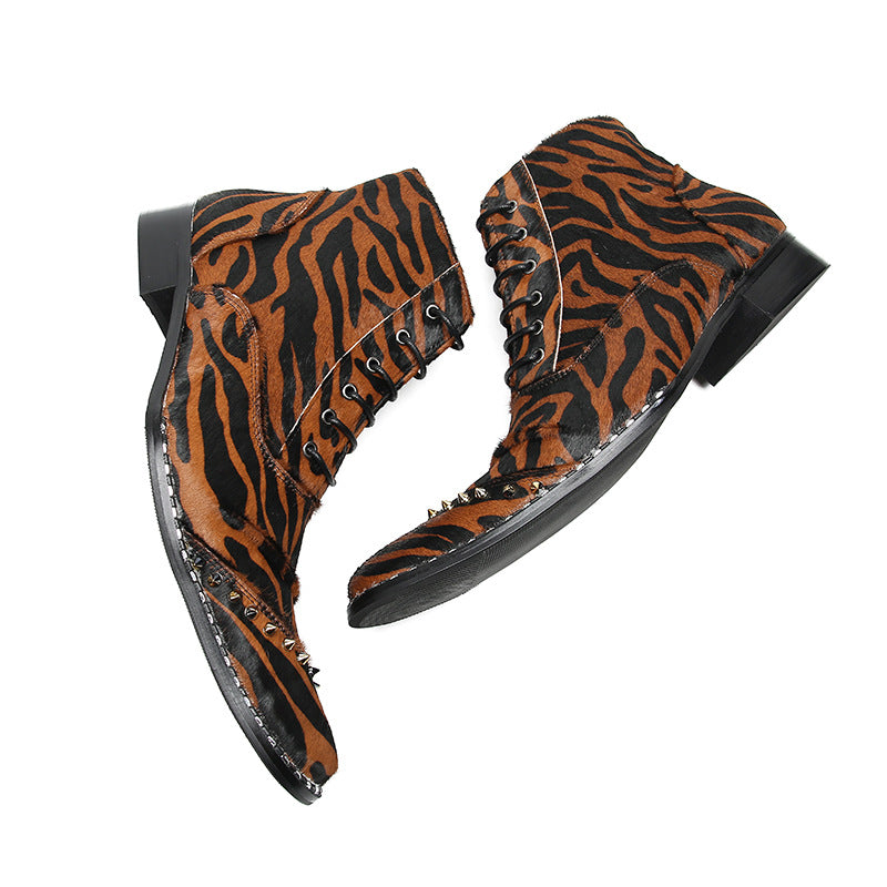 Chelsea boots autumn and winter men's pointed-toe British leopard print Martin boots youth high-top leather boots brown short boots leather shoes trendy