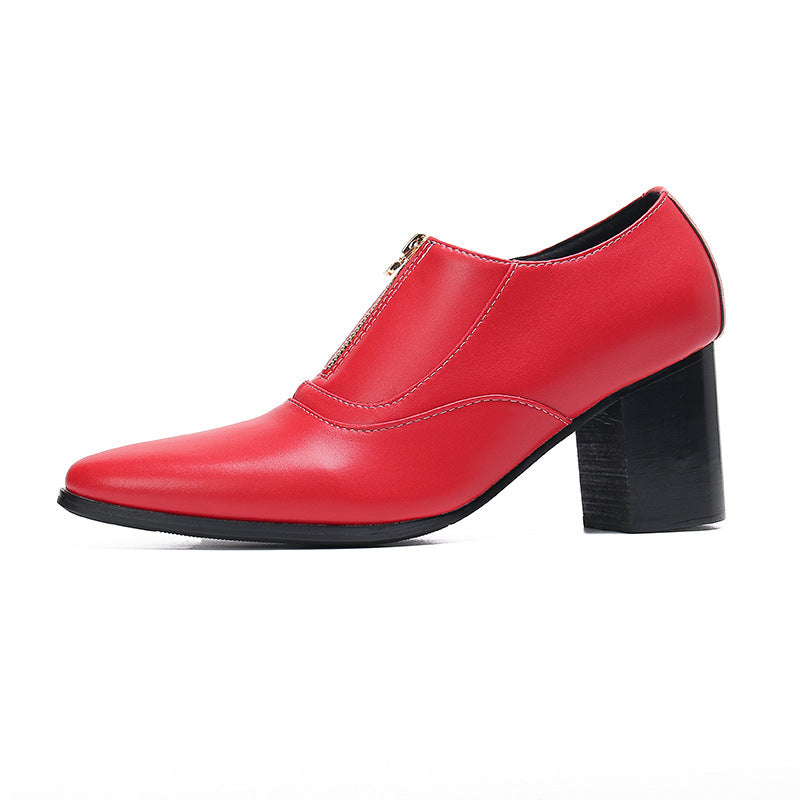 Men's heightened pointed leather shoes, foreign trade trend, Korean style red Martin boots, retro front zipper trendy shoes, personalized leather shoes