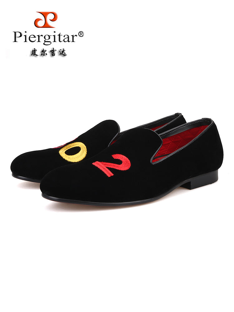 New multi-color letter electric embroidery men's slip-on velvet loafers trendy banquet formal loafers yuppie shoes