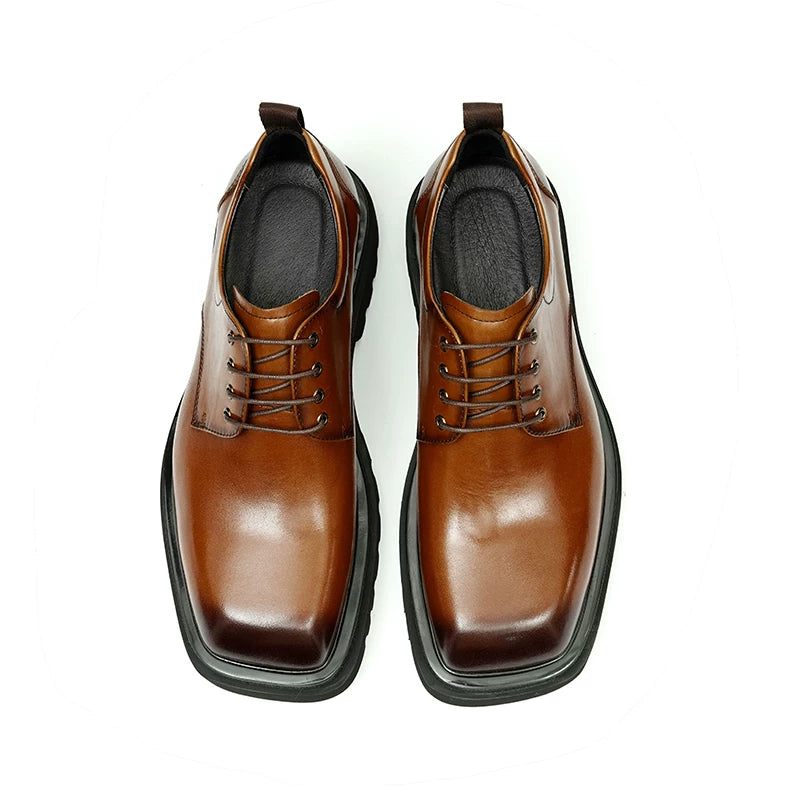 Men's Brown Genuine Leather Leather Shoes, Height Increasing, Thick Sole
