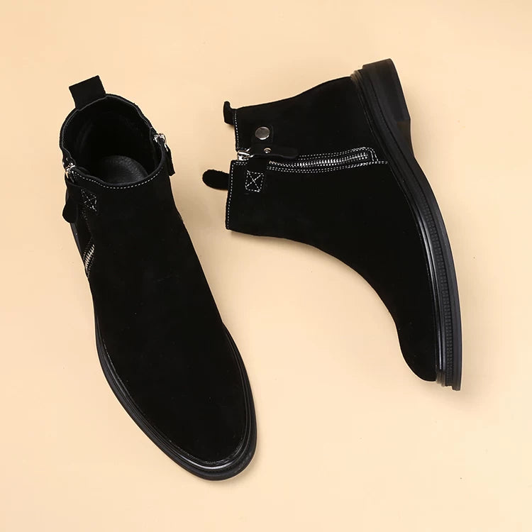Men's Brown Genuine Leather Martin Boots, Height Increasing, Pointed Toe