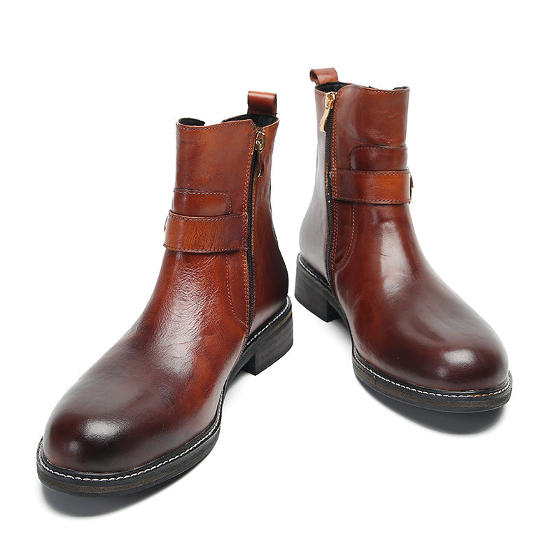Brown Korean style British fashion men's casual high-top leather shoes business retro pointed leather boots Martin boots sleeve short boots