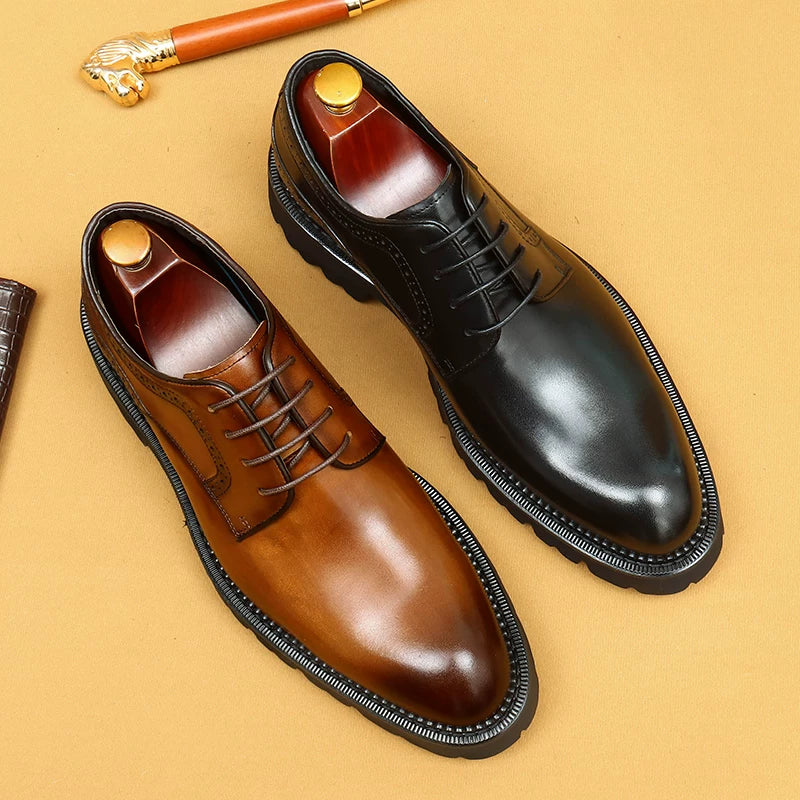Men's Brown Genuine Leather Derby Shoes, Thick Sole, British Style