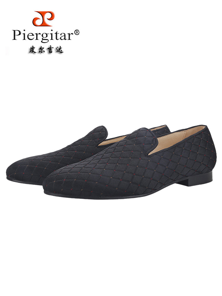British style classic men's slip-on loafers black plaid cotton breathable leather lining trendy smoking shoes