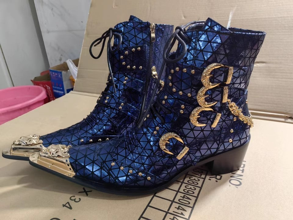2024 new European and American autumn and winter side zipper solid color men's gold metal square heel winter trend pointed Martin boots large size