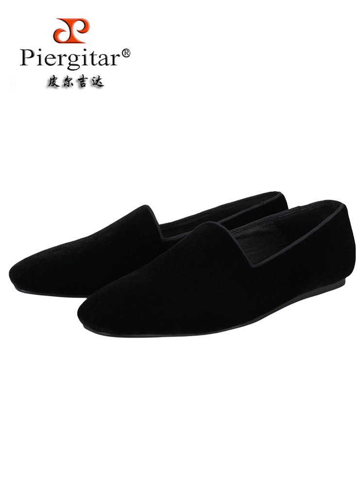 European and American style black imported velvet men's shoes summer breathable leather lining slip-on flat loafers