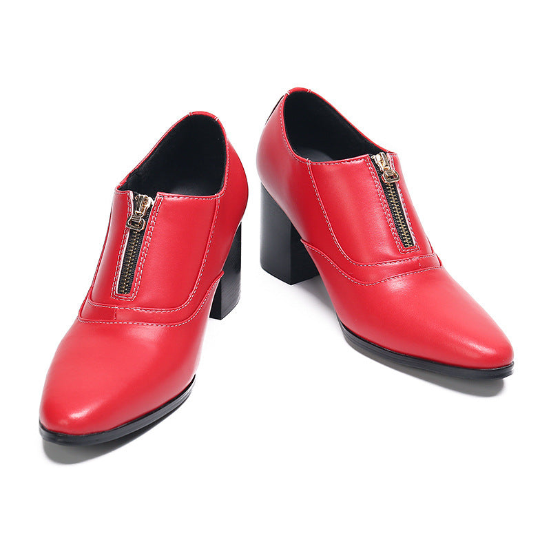 Men's heightened pointed leather shoes, foreign trade trend, Korean style red Martin boots, retro front zipper trendy shoes, personalized leather shoes