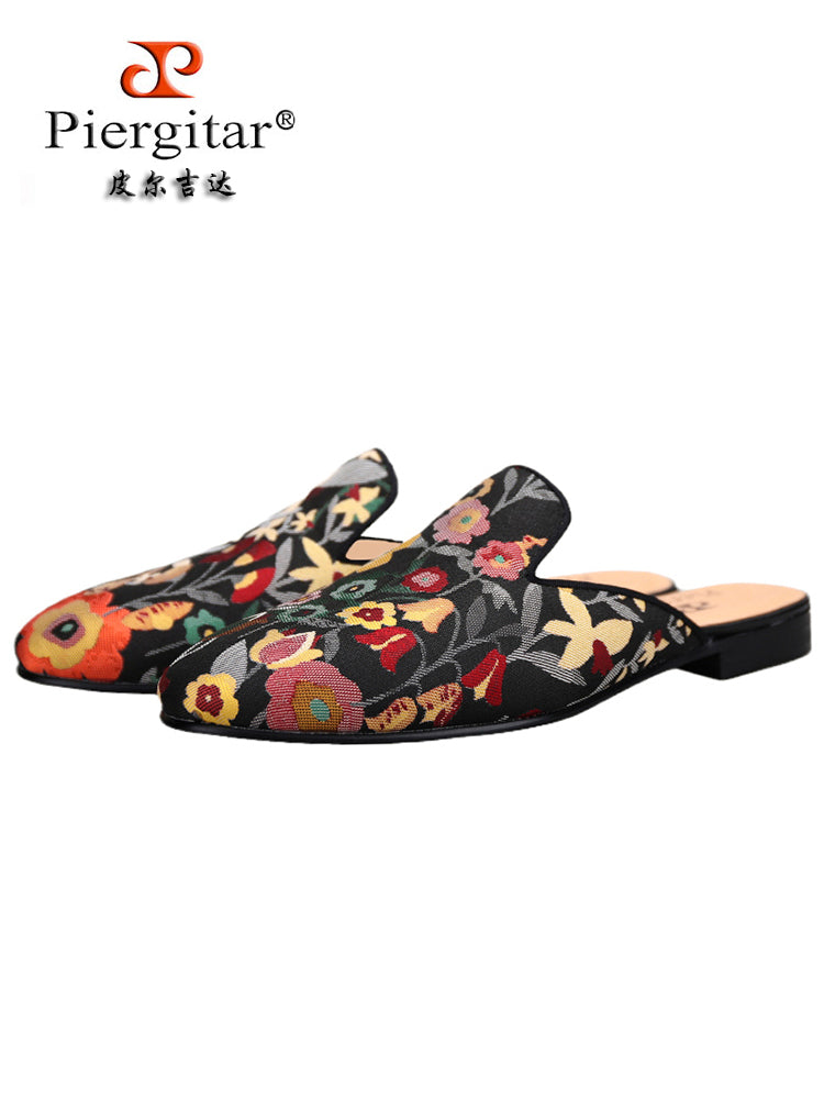 Japanese imported fabrics colorful floral jacquard cloth men's mule shoes breathable leather lining summer toe-toe slippers for men