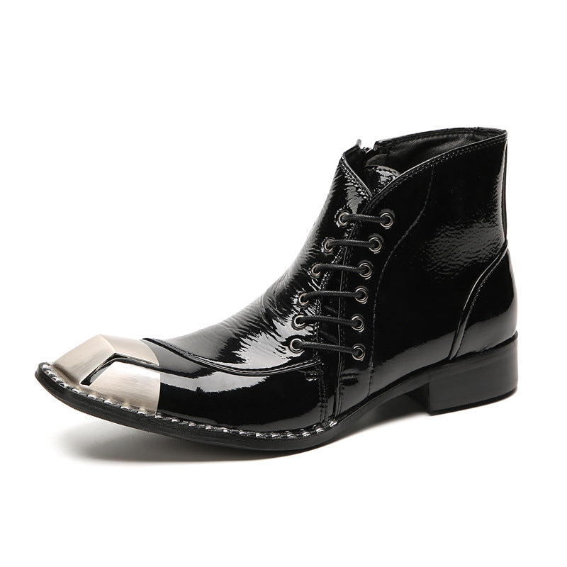 European and American cowhide business high-top leather shoes men's short boots British trend Martin boots pointed toe brogue carved men's boots