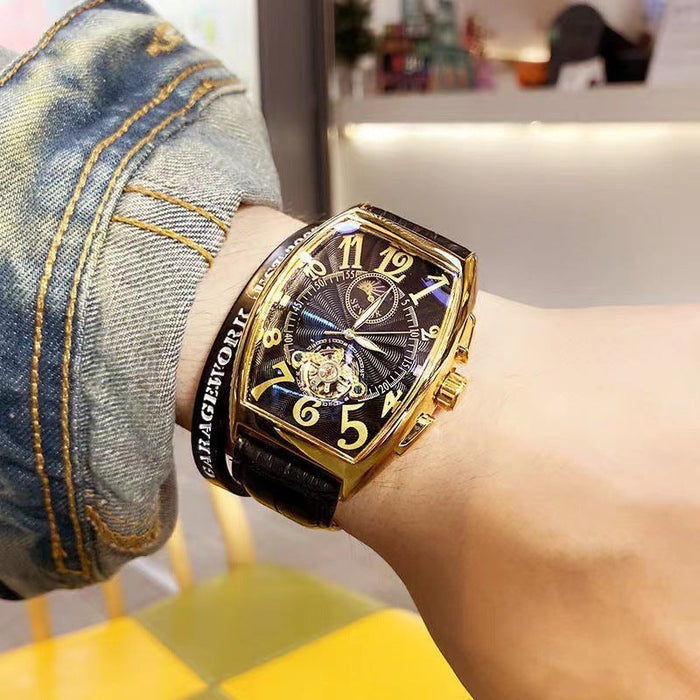 2025 new men's mechanical watch waterproof barrel-shaped hollow belt men's watch personality social guy watch men(P)