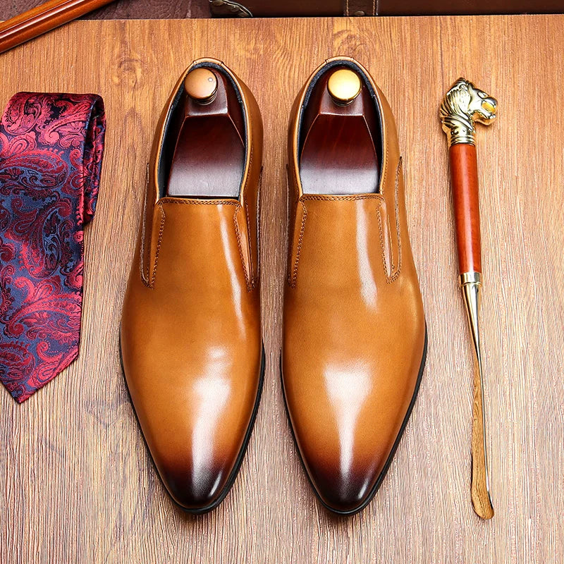 Men's Brown Genuine Leather Loafers, Pointed Toe, Slip-On