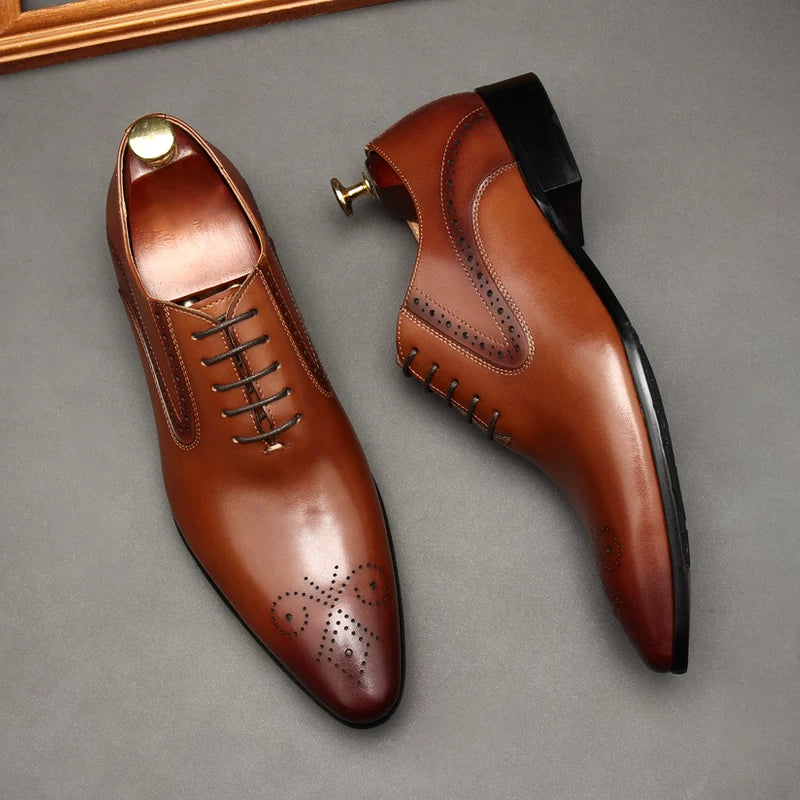 Men's Genuine Leather Derby Shoes, Pointed Toe, Lace-Up