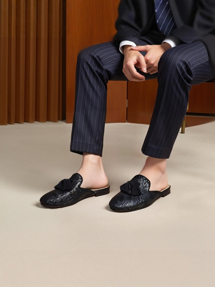 Piergitar summer breathable men's Mule slippers European and American style printed velvet tassel trendy slip-on shoes