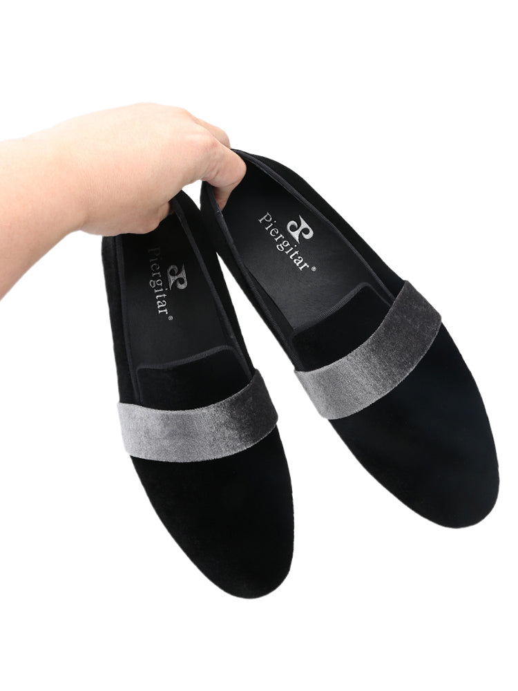 Imported black velvet spliced with gray velvet wedding banquet catwalk loafers British style elegant men's smoking shoes