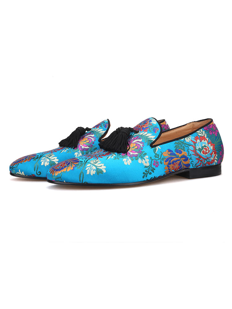 Italian big-name Chinese-style floral silk handmade men's loafers with exquisite tassels and trendy smoking shoes