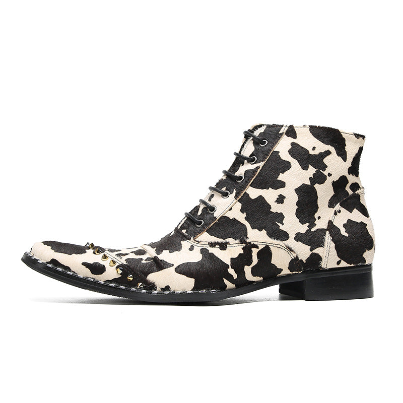2023 European and American new style pointed toe retro mid-calf snake print boots mid-heel color-blocked western cowboy boots high-heeled embroidered boots for men