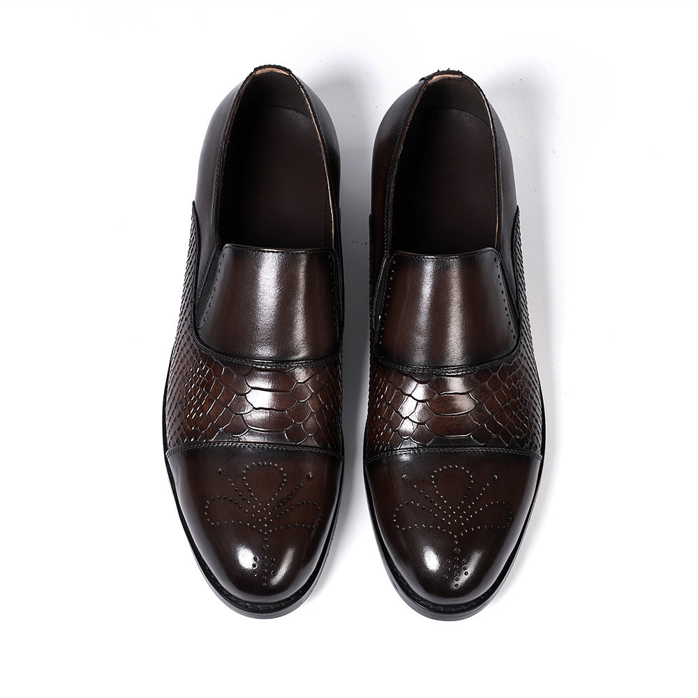 Trendy Business Formal Wear Leather Shoes Men's British Korean Snakeskin Embossed Loafers Top Layer Cowhide Slip-on Men's Shoes