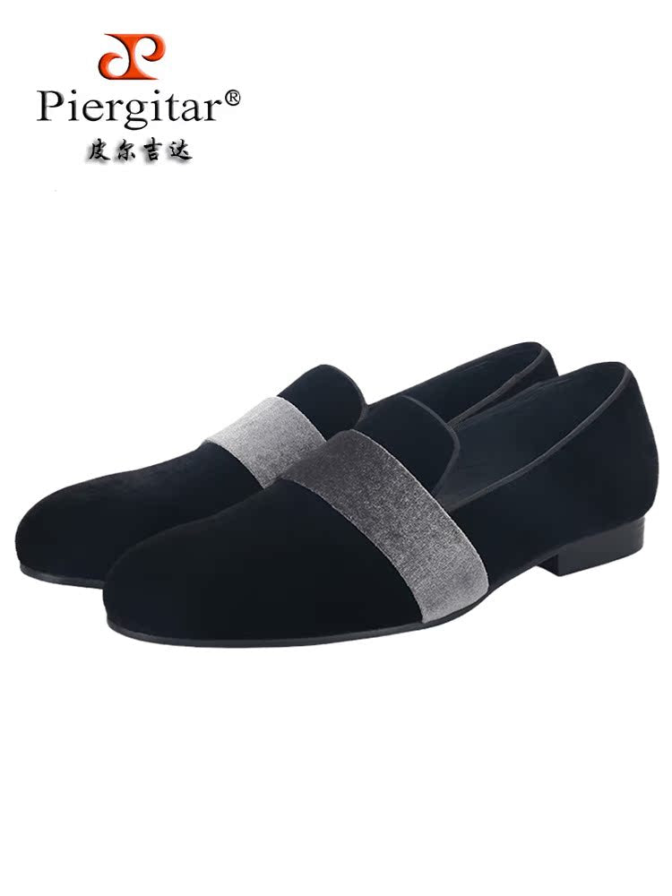 Imported black velvet spliced with gray velvet wedding banquet catwalk loafers British style elegant men's smoking shoes