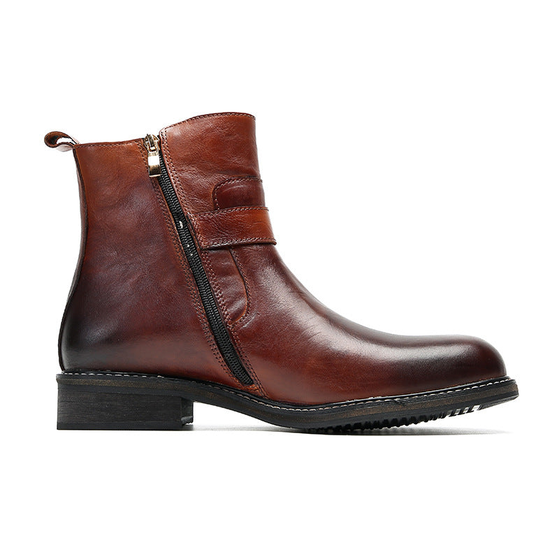 Brown Korean style British fashion men's casual high-top leather shoes business retro pointed leather boots Martin boots sleeve short boots