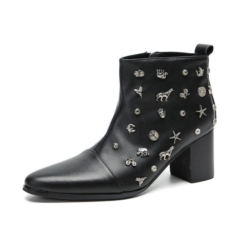 Autumn and winter black cowhide Chelsea boots British motorcycle work boots men's pointed toe mid-top zipper trendy cowhide boots for men
