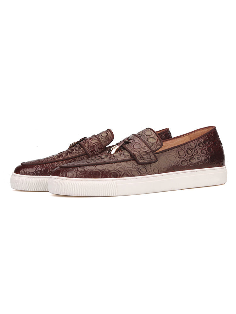 Handmade brown stone pattern embossed white outsole shoes European and American style metal tassel slip-on loafers for men