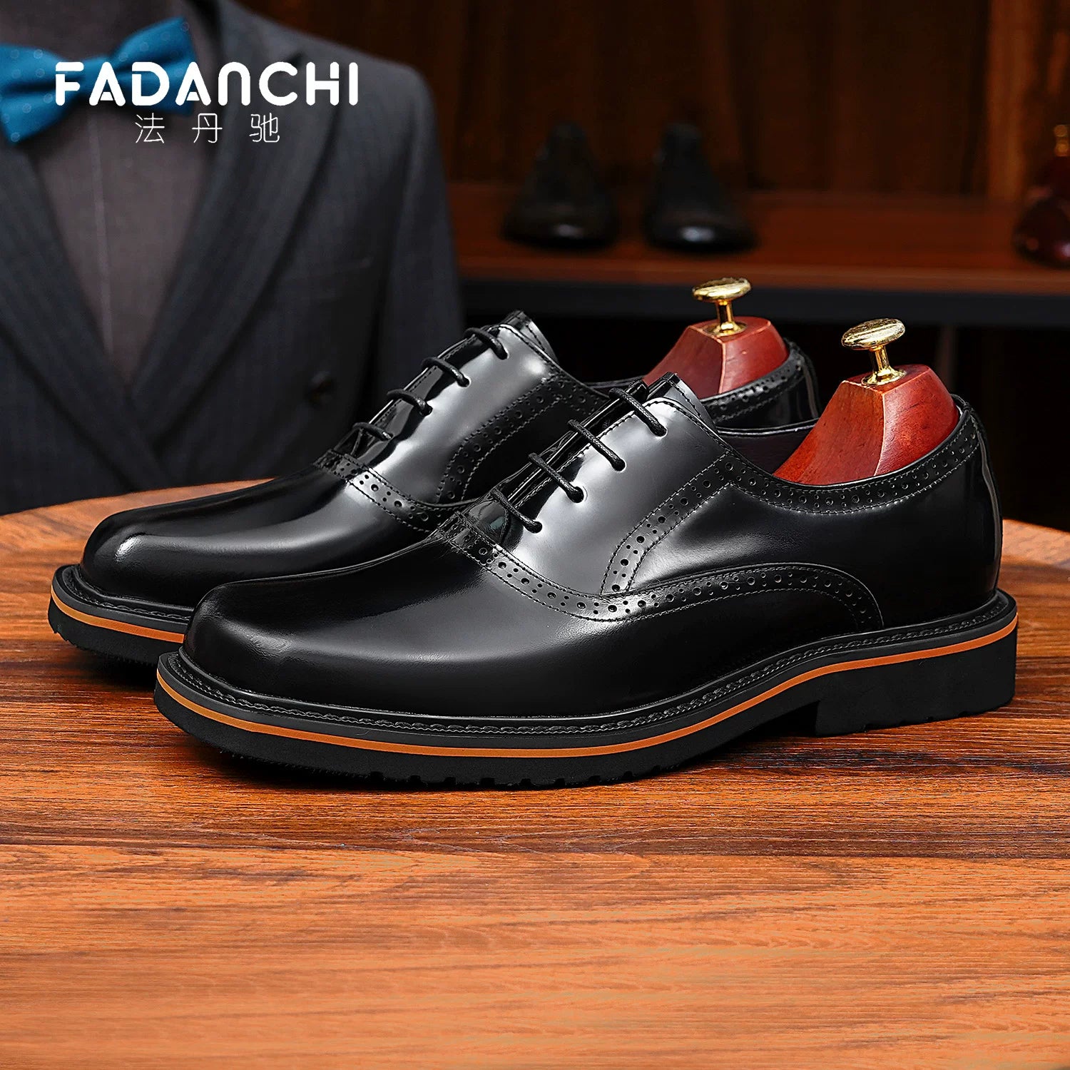 Men's Genuine Leather Oxford Shoes, Square Toe, Glossy