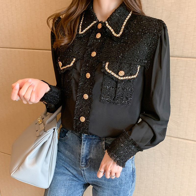 2024 autumn new design sense niche foreign style long sleeve heavy silk shirt women's small fragrant top
