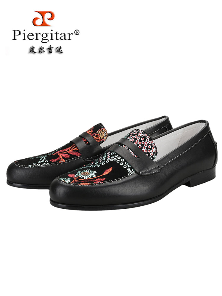 British style black panna leather splicing imported light luxury fabric printed sheepskin men's casual penny loafers