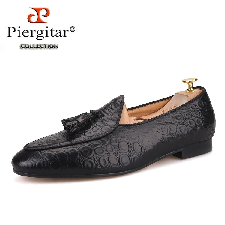 European and American style handmade custom black embossed cowhide trendy loafers party wedding banquet matching fringed formal shoes men