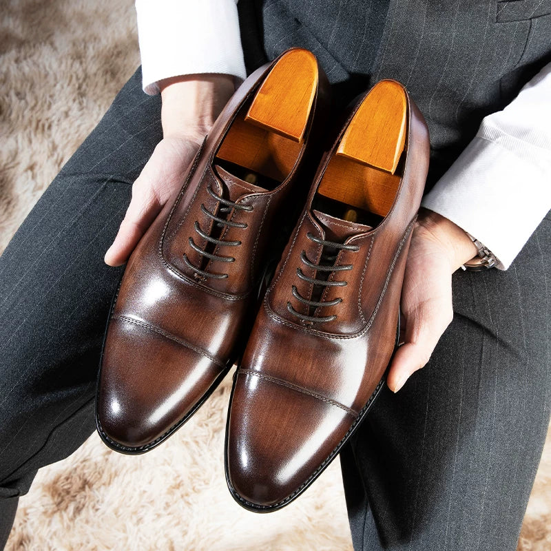 Men's Genuine Leather Oxford Shoes, Pointed Toe, British Style