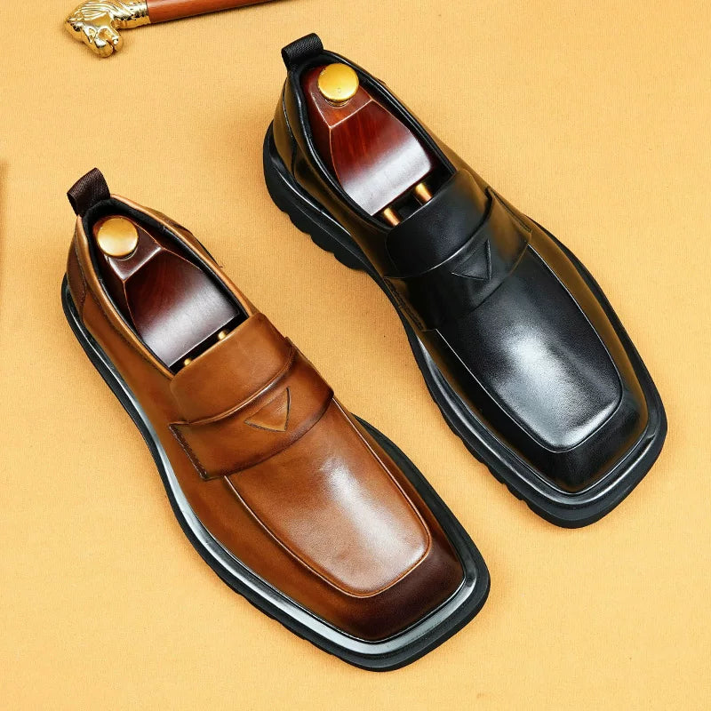 Men's Brown Genuine Leather Loafers, Height Increasing, Thick Sole