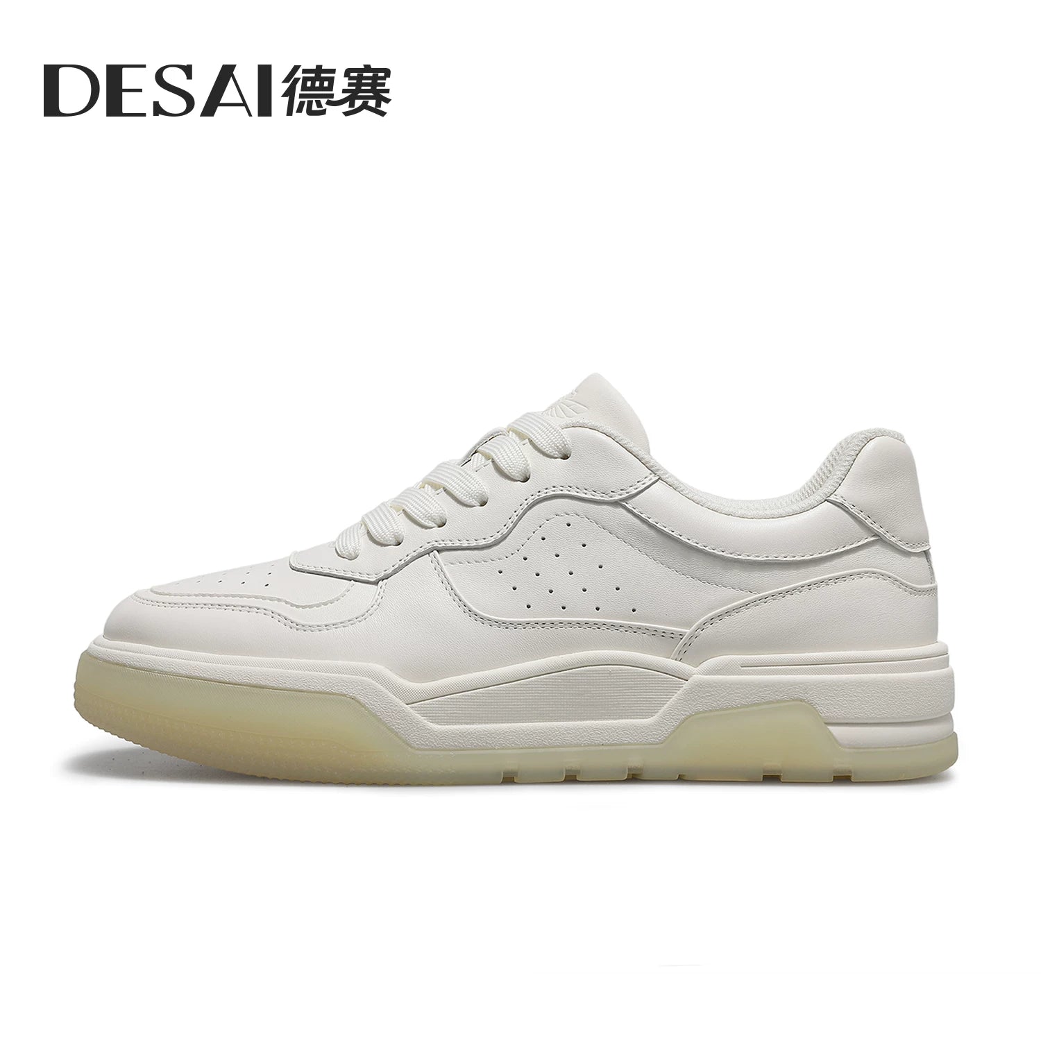 Men's White Genuine Leather Skate Shoes, Height Increasing, Thick Sole