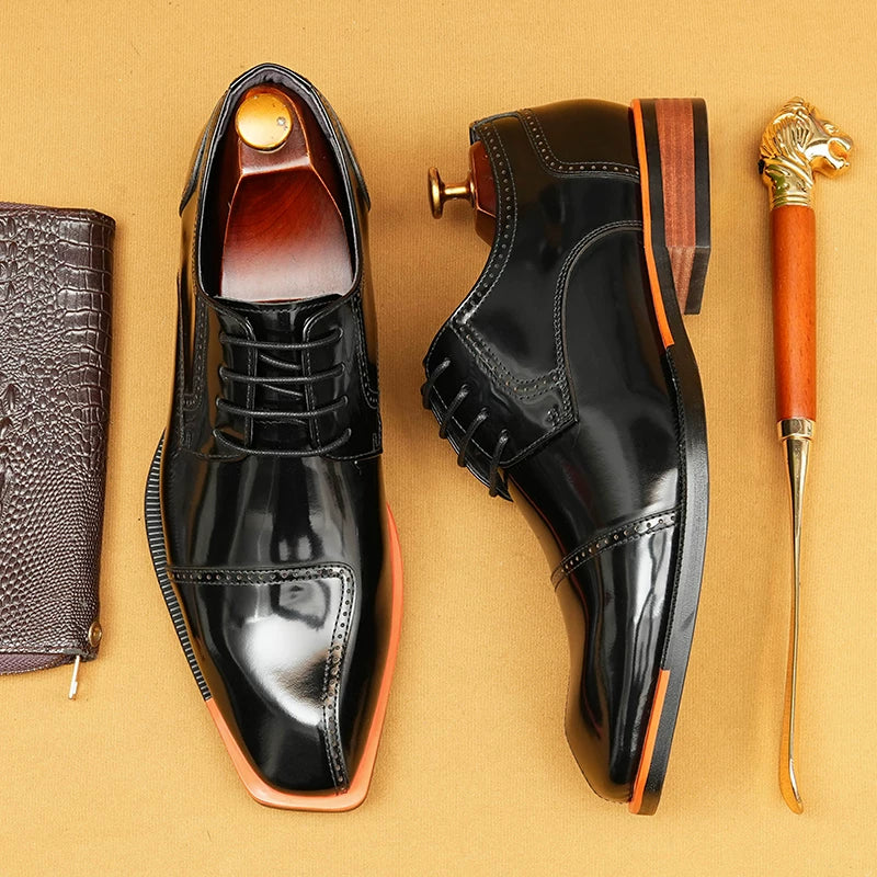 Men's Genuine Leather Derby Shoes, Patent Leather, Square Toe