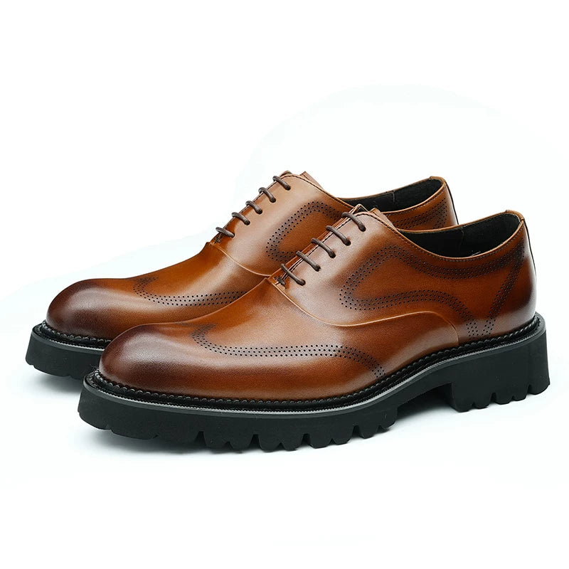 Men's Brown Genuine Leather Leather Shoes, Height Increasing, Thick Sole