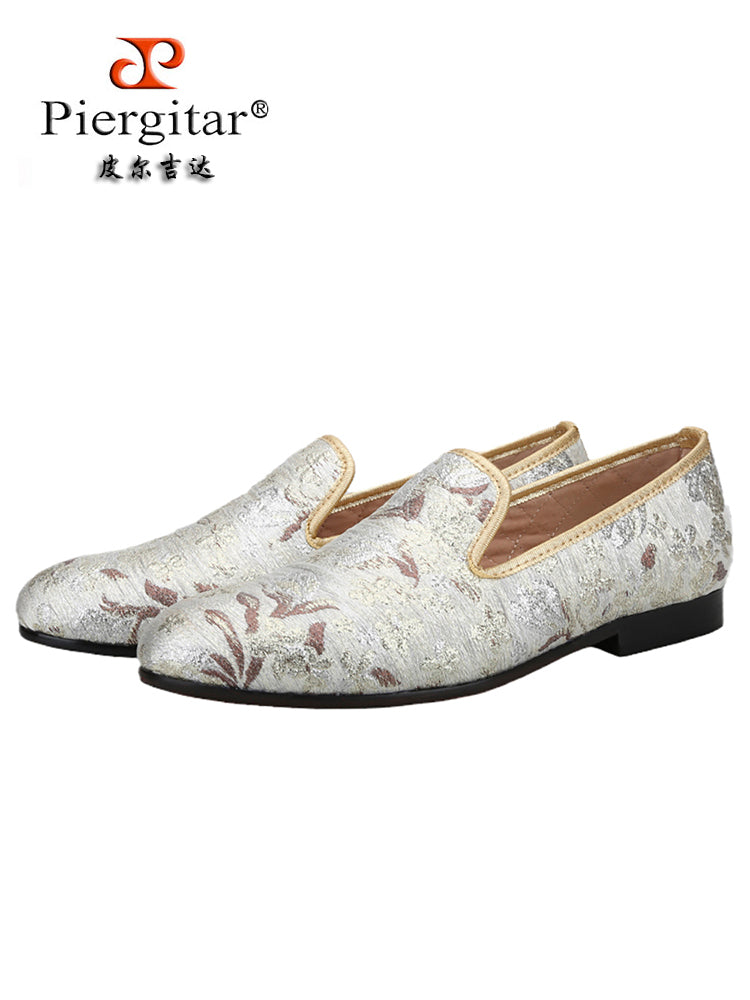 British retro style imported gold brown silver jacquard slip-on men's loafers wedding party formal yuppie shoes