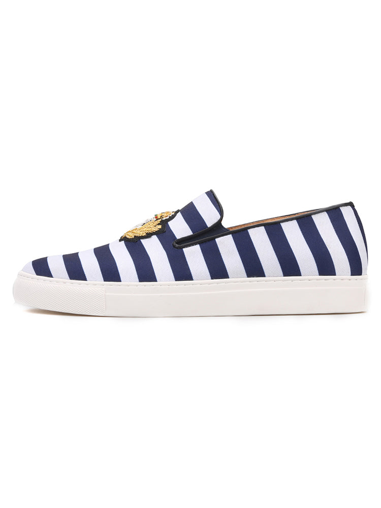 British navy style blue and white canvas slip-on loafers imported handmade Indian silk white thick-soled shoes for men