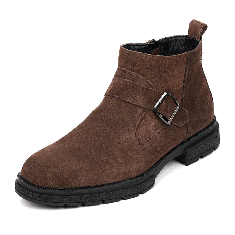Men's Brown Genuine Leather Martin Boots, Height Increasing, Pointed Toe