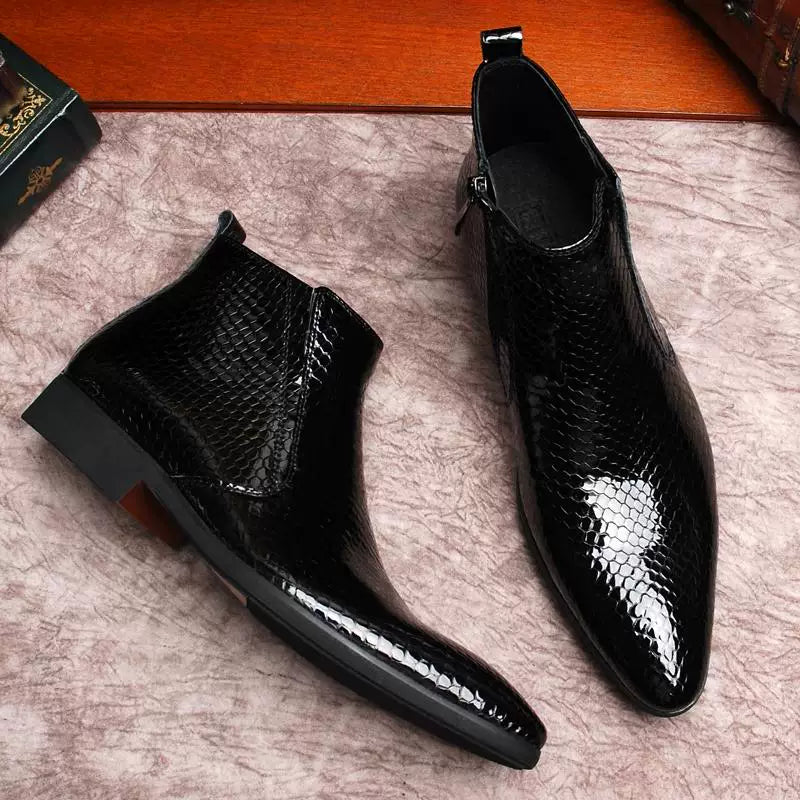 Men's Genuine Leather Martin Boots, Patent Leather, Pointed Toe