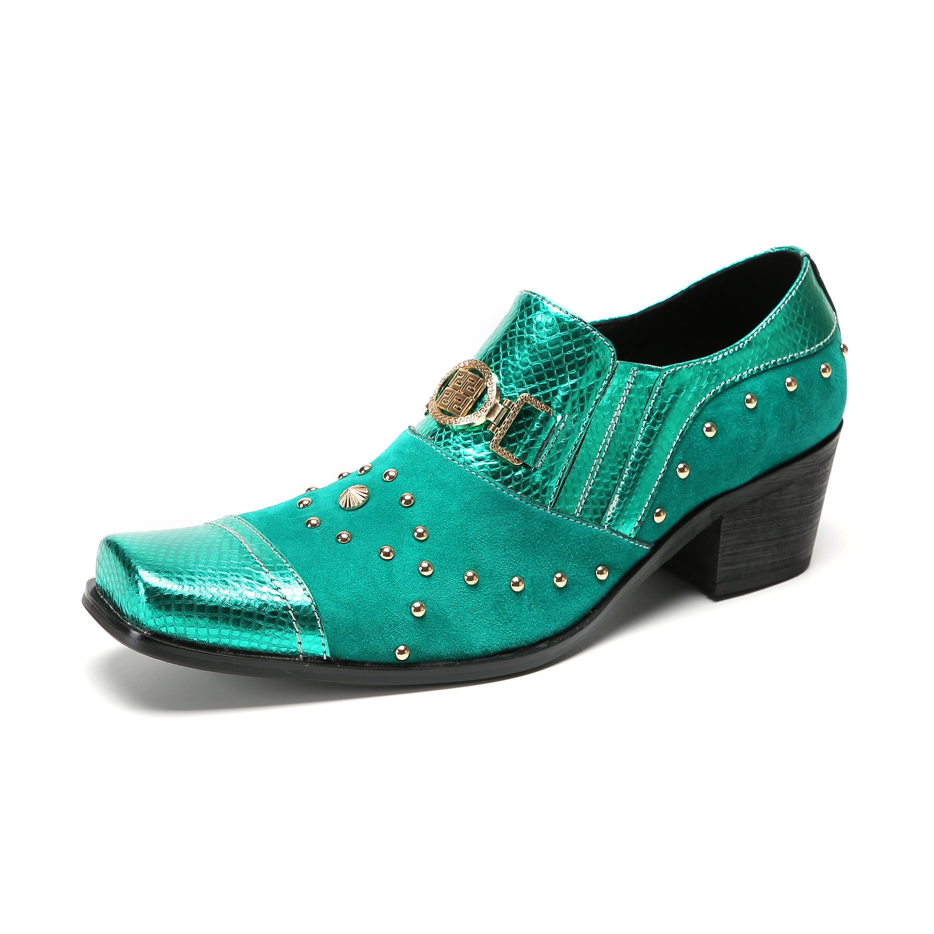 European Station 2023 Autumn New Business Leather Shoes Men's Shoes Square Toe Rivets Derby Shoes Thick Sole Formal Green Shoes Trendy Shoes