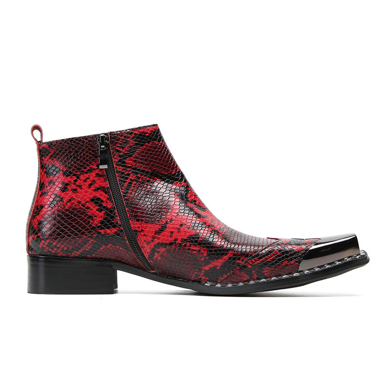 Red Business Chelsea Short Boots Men's Snakeskin Pattern Cowhide Pointed High Top Leather Shoes Fleece Warm Dress Leather Boots