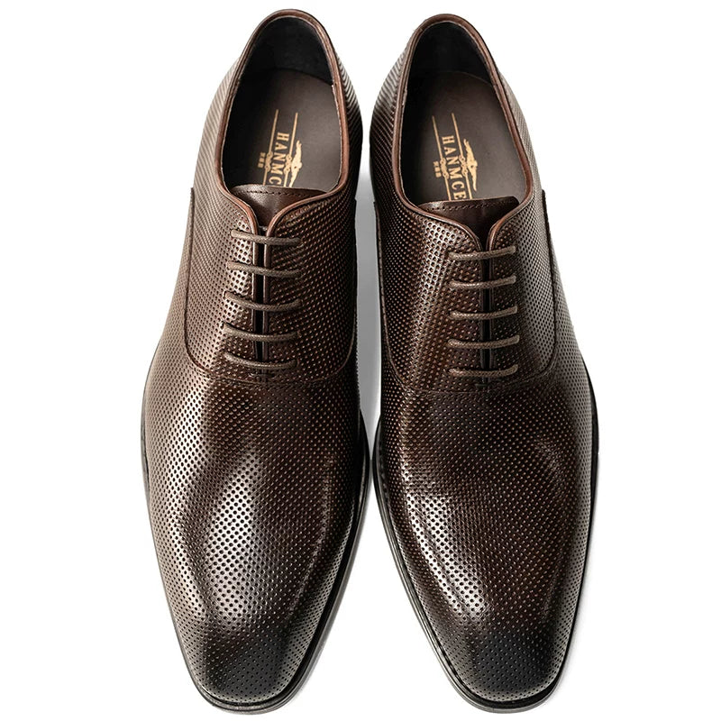 Men's Black Genuine Leather Oxford Shoes, Breathable, Cut-Out
