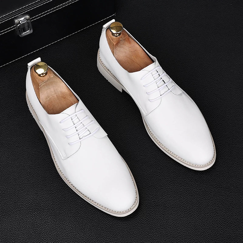 Men's White Genuine Leather Wedding Shoes, Height Increasing, Pointed Toe