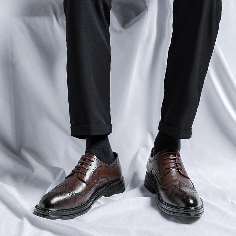 2023 men's black business formal leather shoes, men's thick-soled casual british style groom wedding