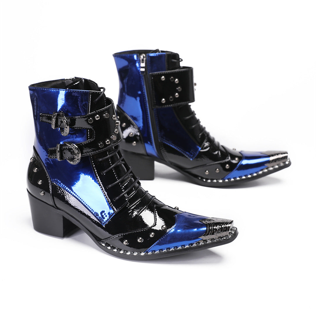 British style special-shaped with square head patent leather short boots plus size 44 45 46 47 48 patent leather thick heel Martin boots blue