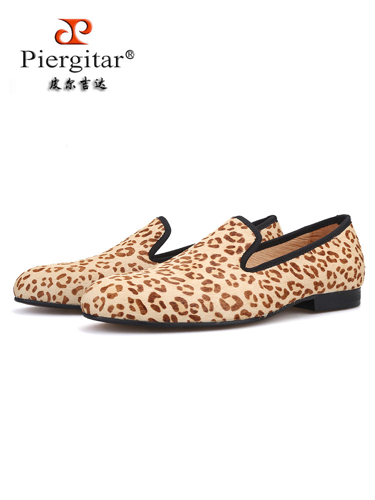 Summer imported leopard print horse hair handmade men's shoes European and American banquet party loafers large size men's shoes