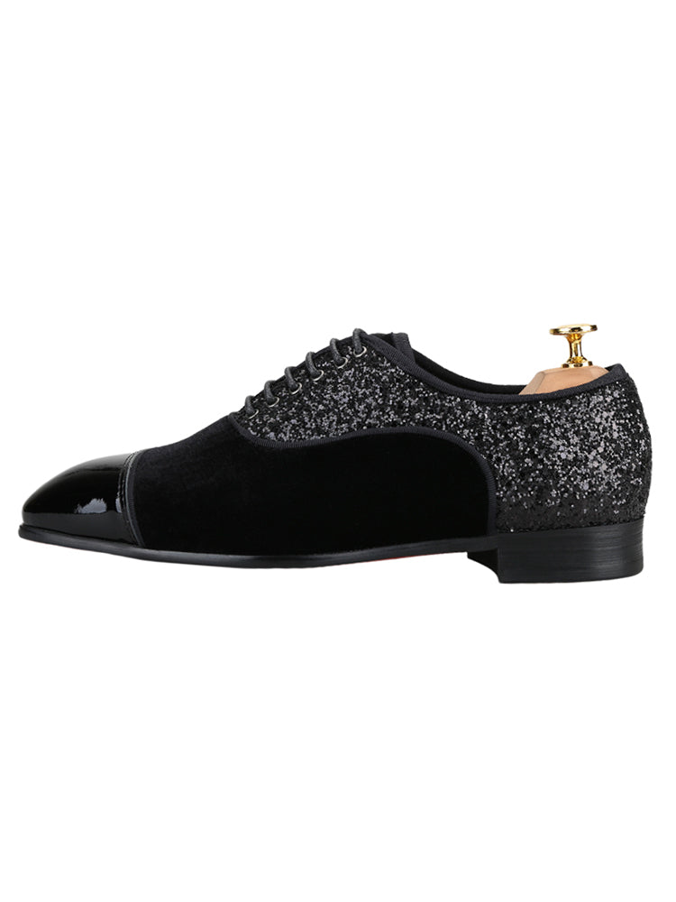 Handmade velvet patent leather sequin cloth three-material splicing men's lace-up Oxford shoes red sole formal shoes for men