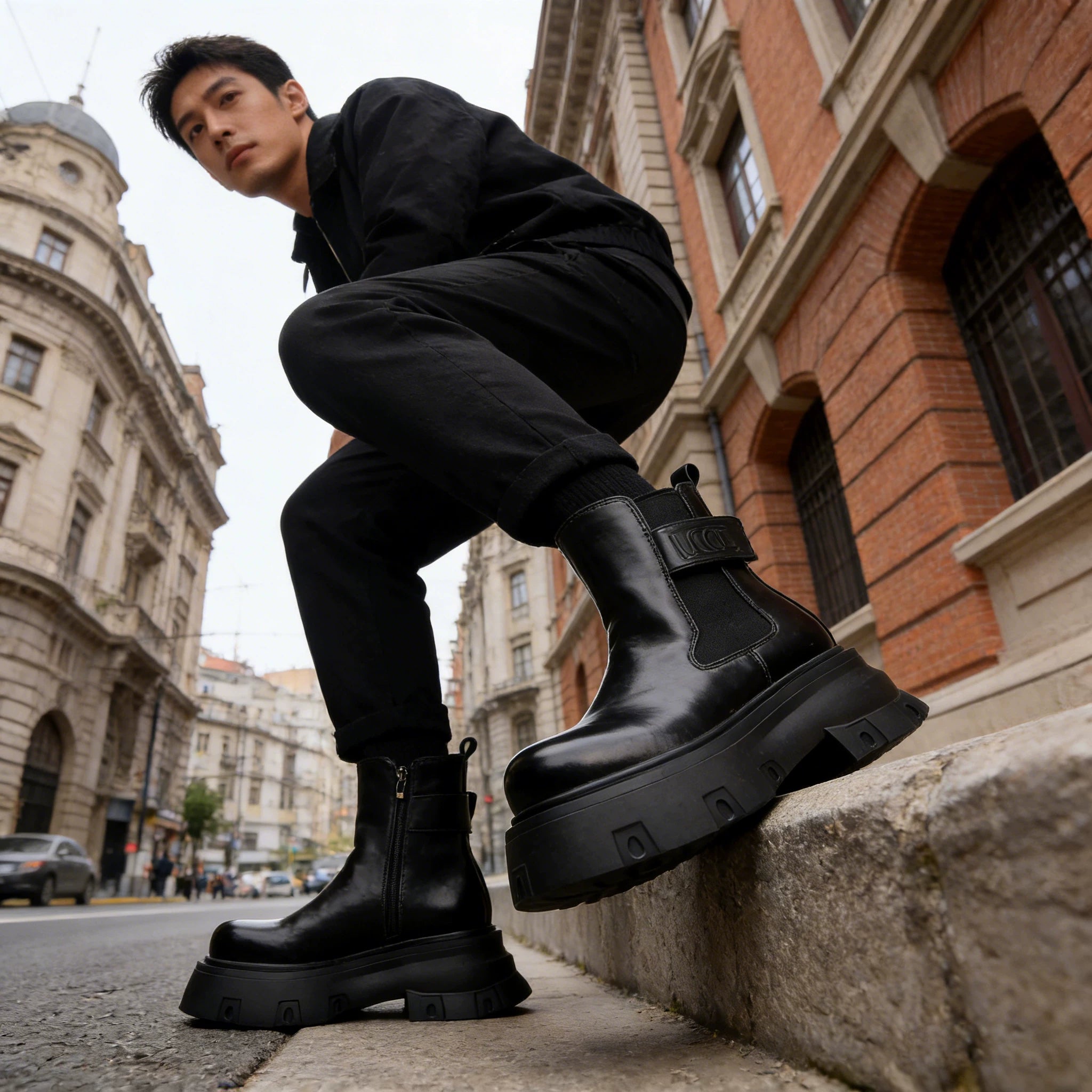 Men's Black Martin Boots, Height Increasing, Thick Sole