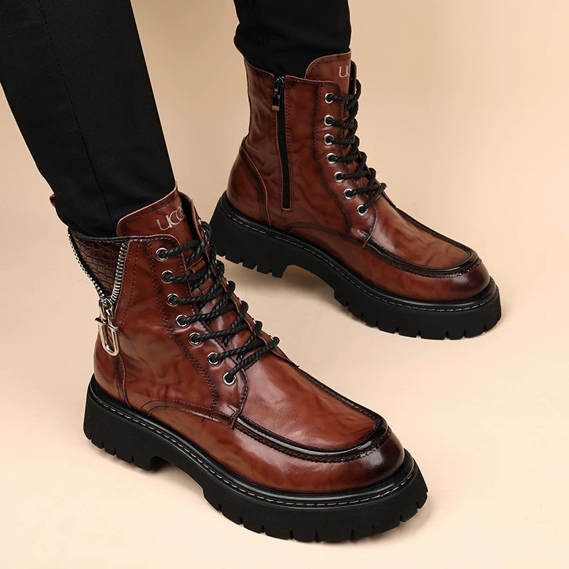 Men's Genuine Leather Martin Boots, Height Increasing, Soft Sole